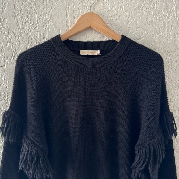 Tory Burch Bristol Sweater Pullover Crew Black Alpaca Silk Knit Fringe Ribbed L - Picture 6 of 12